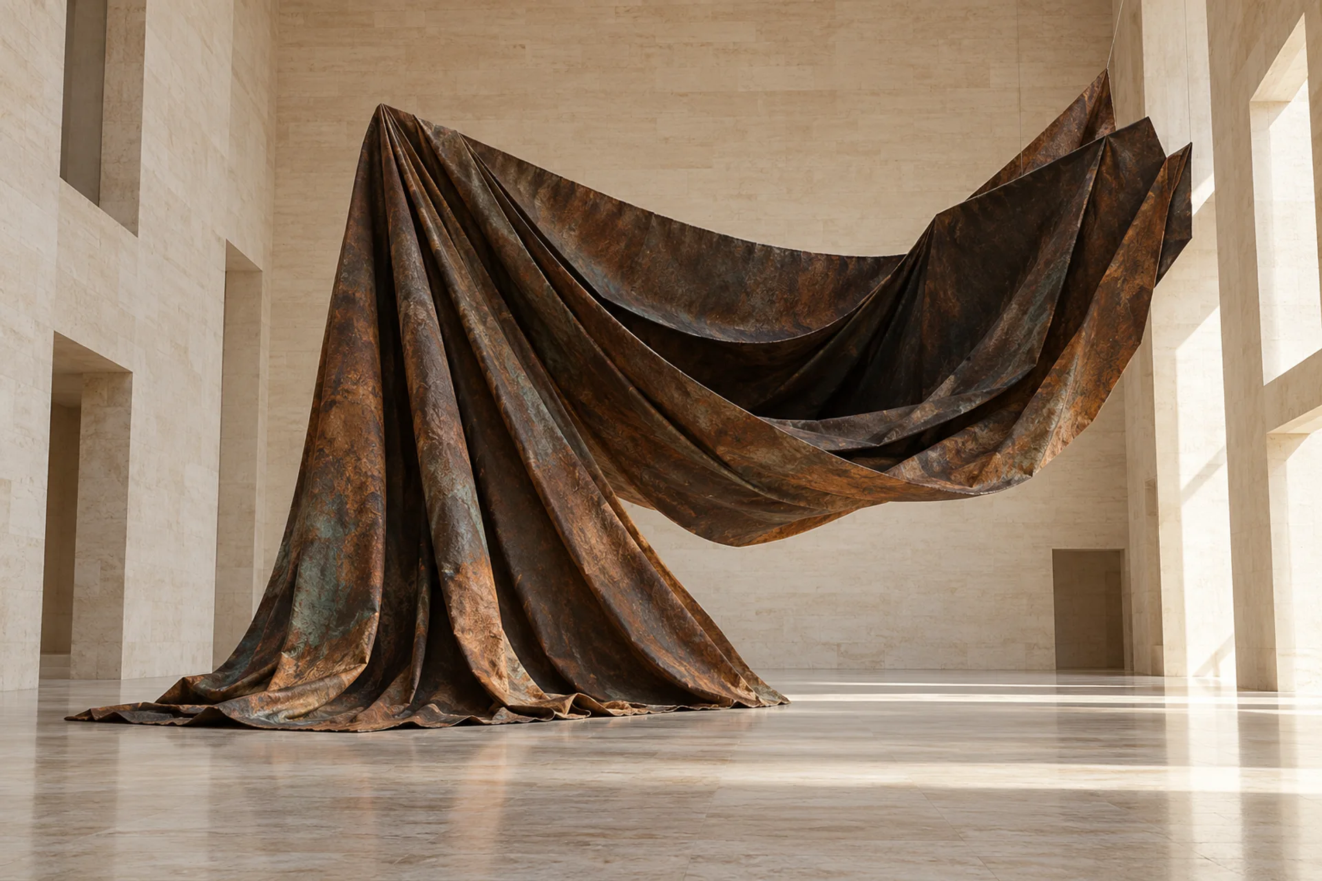 Concept installation of folded umber fabric in a pale stone gallery